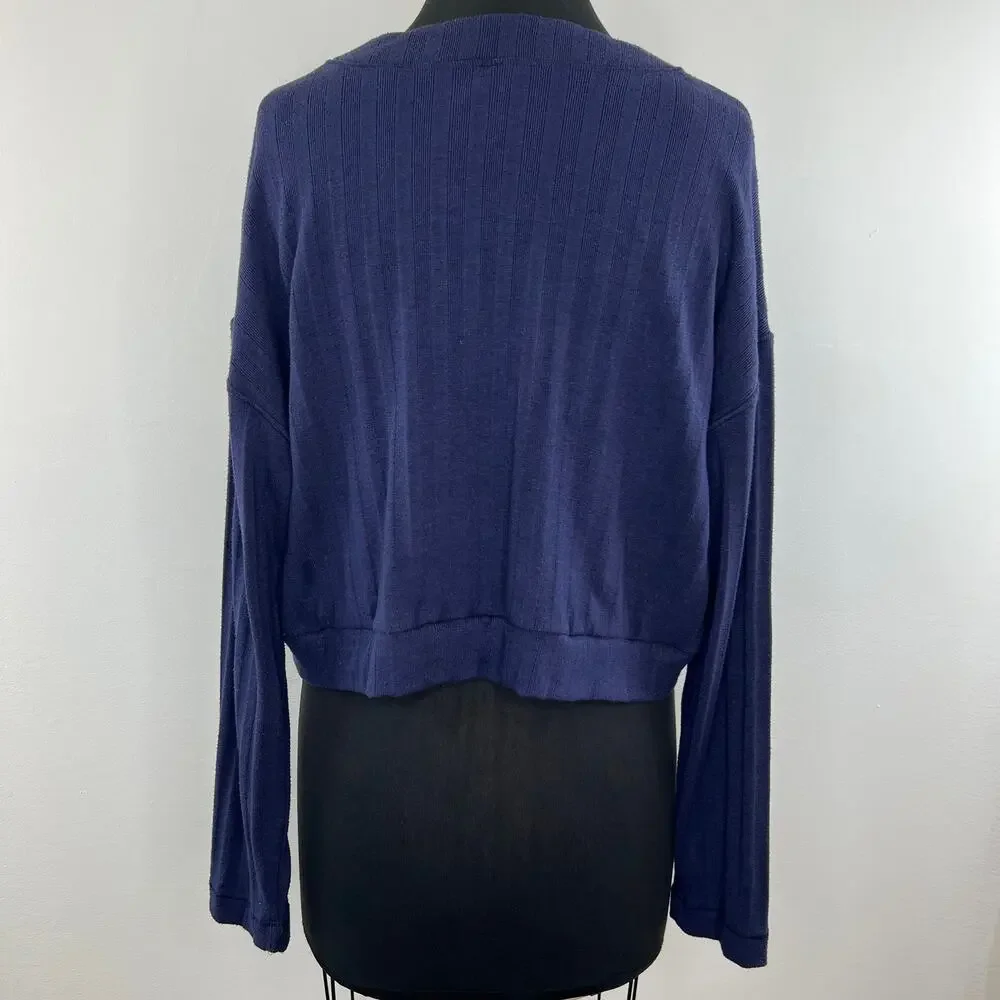 Free People Intimately Blue V-Neck Long Sleeve Cropped Pullover Sweater Size M